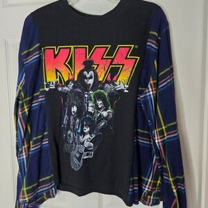 Upcycled KISS‎ band black t-shirt plaid flannel OS